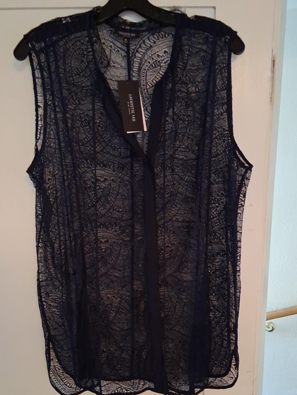 Lafayette 148 New York Navy Lace Sheer Sleeveless Blouse